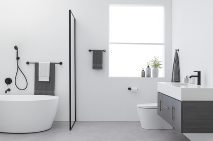 HOMEMYSTIQUE 4-Piece Bathroom Hardware Set Double Hook Towel Ring Toilet Paper Holder and 24-in Towel Bar in Matte Black