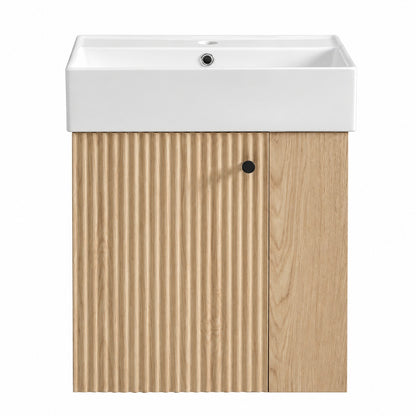 Virubi Modern 21 6 in W Floating Bath Vanity in Wood Color with White Ceramic Top and Right Side Storage