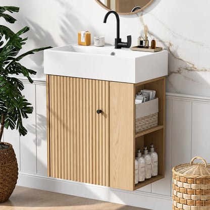 Virubi Modern 21 6 in W Floating Bath Vanity in Wood Color with White Ceramic Top and Right Side Storage