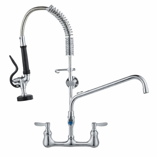 Commercial Faucet 25 in H 8 in Center 12 in Double Handle Pull Down Sprayer Kitchen Faucet with in Silver
