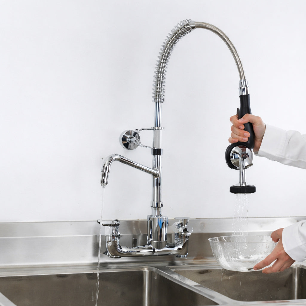 Commercial Faucet 25 in H 8 in Center 12 in Double Handle Pull Down Sprayer Kitchen Faucet with in Silver