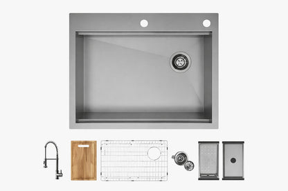 Glacier Bay 27 In Drop In Single Bowl 18 Gauge Stainless Steel Workstation Kitchen Sink With Waterfall And Spring Neck Faucet