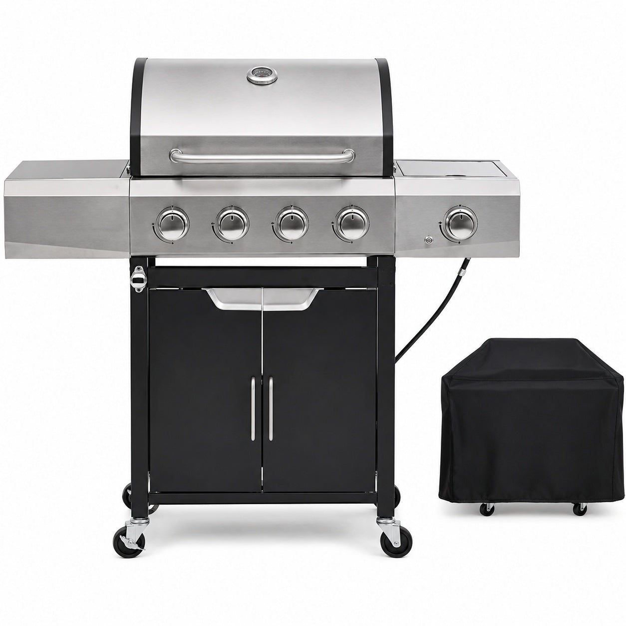 FIROMO 4 Burner Propane Gas Grill in Stainless Steel with Side Burner Condiment Rack and Built in Thermometer with Grill Cover