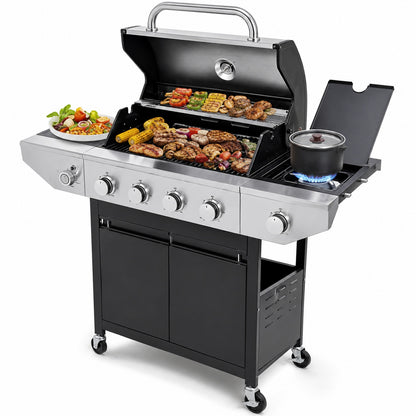 FIROMO 4 Burner Propane Gas Grill in Stainless Steel with Side Burner Condiment Rack and Built in Thermometer with Grill Cover