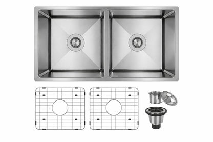 Boyel Living 31 in Undermount Kitchen Sink Daul Bowl 18 Gauge Brushed Sink Material with Drain Bottom Grid and accessories