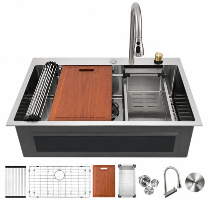 WISBEAM 33 in Drop In Single Bowl 16 Gauge 304 Stainless Steel Kitchen Sink with Faucet and Bottom Grids