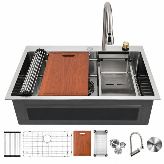 WISBEAM 33 in Drop In Single Bowl 16 Gauge 304 Stainless Steel Kitchen Sink with Faucet and Bottom Grids