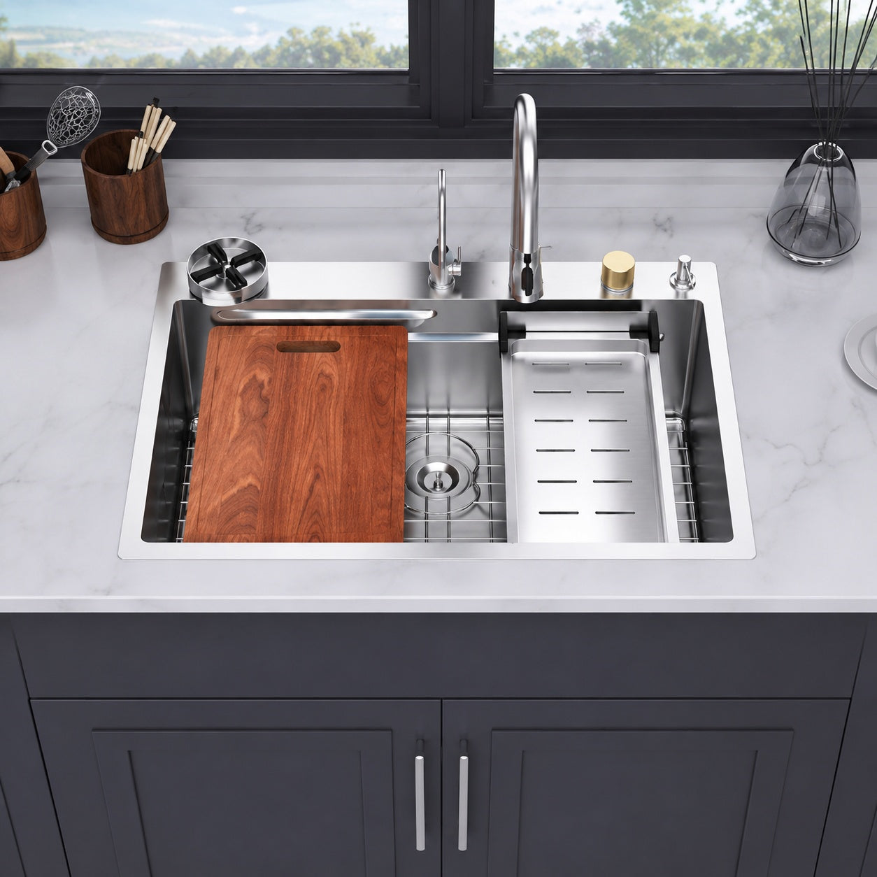 WISBEAM 33 in Drop In Single Bowl 16 Gauge 304 Stainless Steel Kitchen Sink with Faucet and Bottom Grids