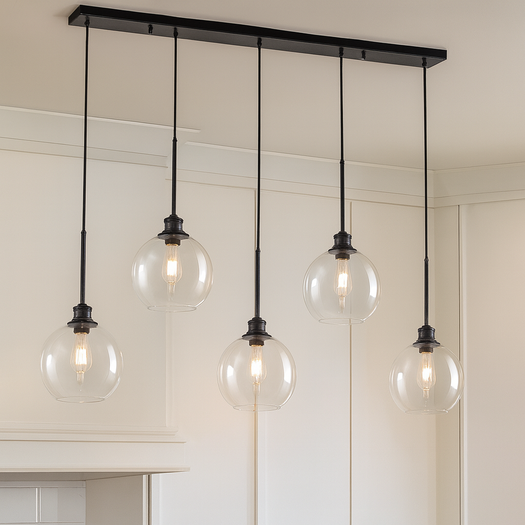 GoYeel Modern Contemporary 5-Light Black Globe Clear Glass Shade Hanging Pendant Light PL4005BK