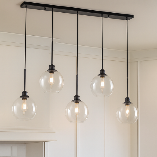 GoYeel Modern Contemporary 5-Light Black Globe Clear Glass Shade Hanging Pendant Light PL4005BK