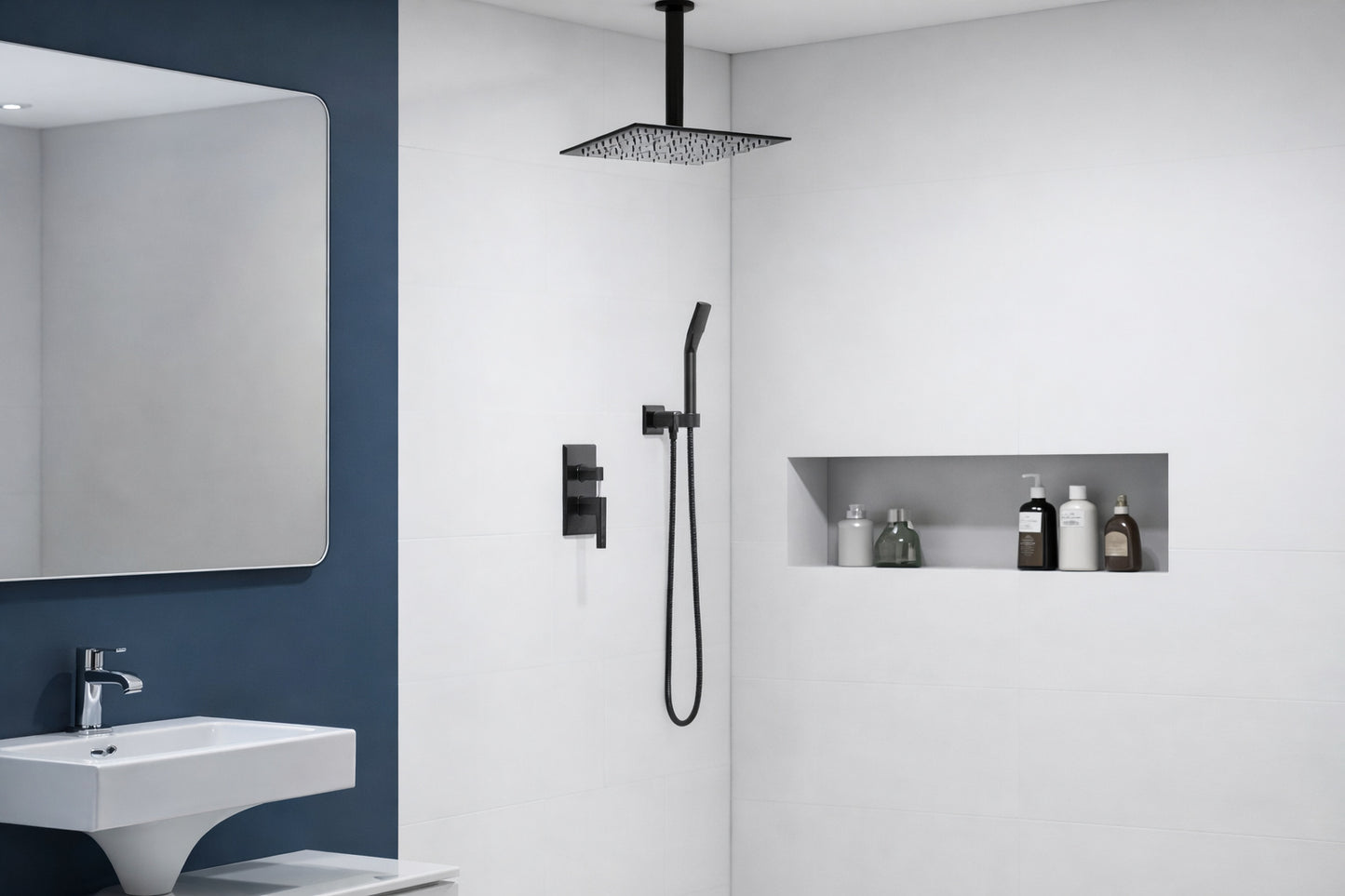 androme 10 in 2 Jet High Pressure Rainfall Shower System w Wall Mount Mixer Set Handheld Shower in Matte Black Valve Included