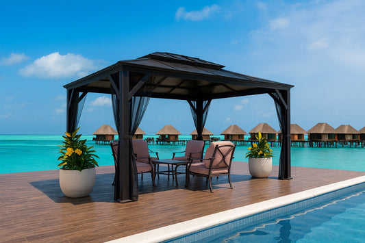 VEIKOUS 12 ft. x 12 ft. Aluminum Double Hardtop Gazebo with Grey Curtains and Netting