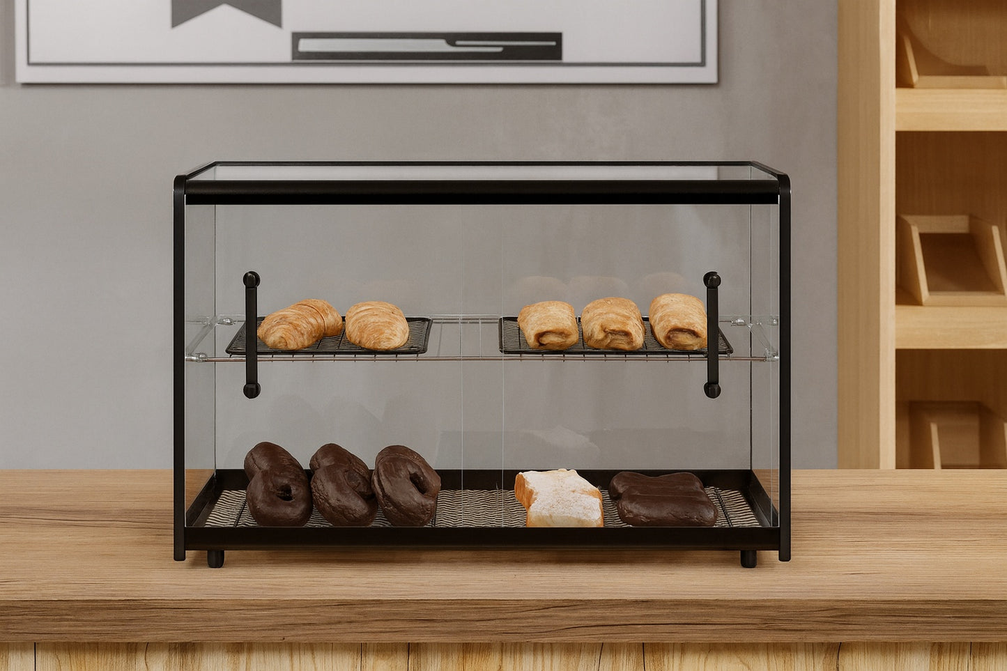 Koolmore 22 in Tiered Pastry Bakery Display Case with Shelf and Glass Sliding Door Dry Food Dispenser 2 2 cu ft Capacity