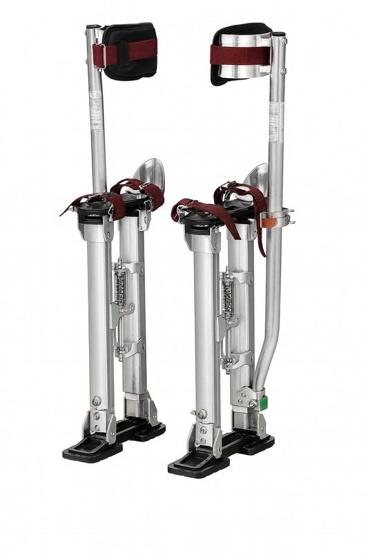 SVOPES Adjustable Drywall Stilts 18 in to 30 in Aluminum Tool Stilts with Protective Knee Pads Non Slip Work Stilts Silver