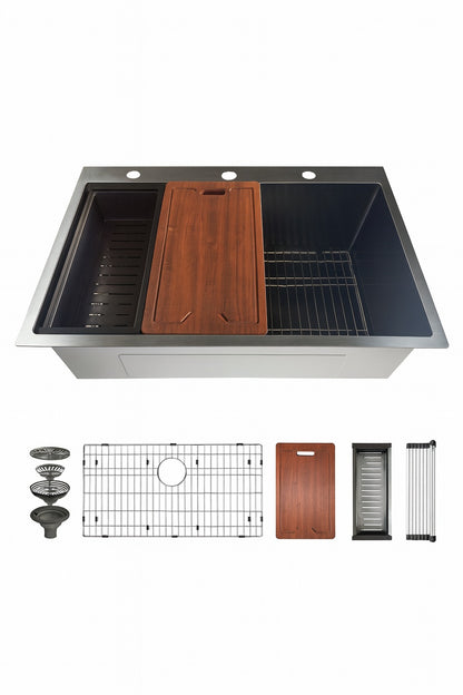 DELUXE DL LIVING 33 in. Drop-in 3-Hole Single Bowl 16-Gauge Gunmetal Black Stainless Steel Workstation Kitchen Sink with Accessories