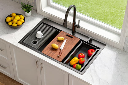 DELUXE DL LIVING 33 in. Drop-in 3-Hole Single Bowl 16-Gauge Gunmetal Black Stainless Steel Workstation Kitchen Sink with Accessories