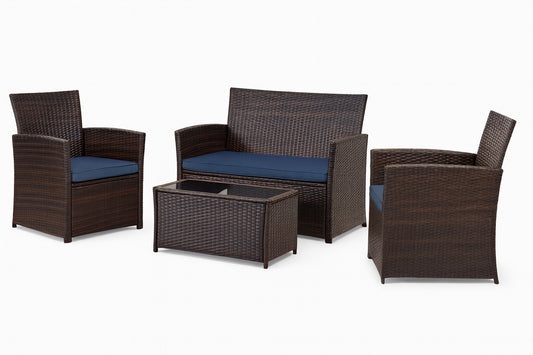 JUSKYS 4-Piece Patio Furniture Set Outdoor Wicker Conversation with Midnight-Blue Cushions and Coffee Table for Apt,Porch,Yard