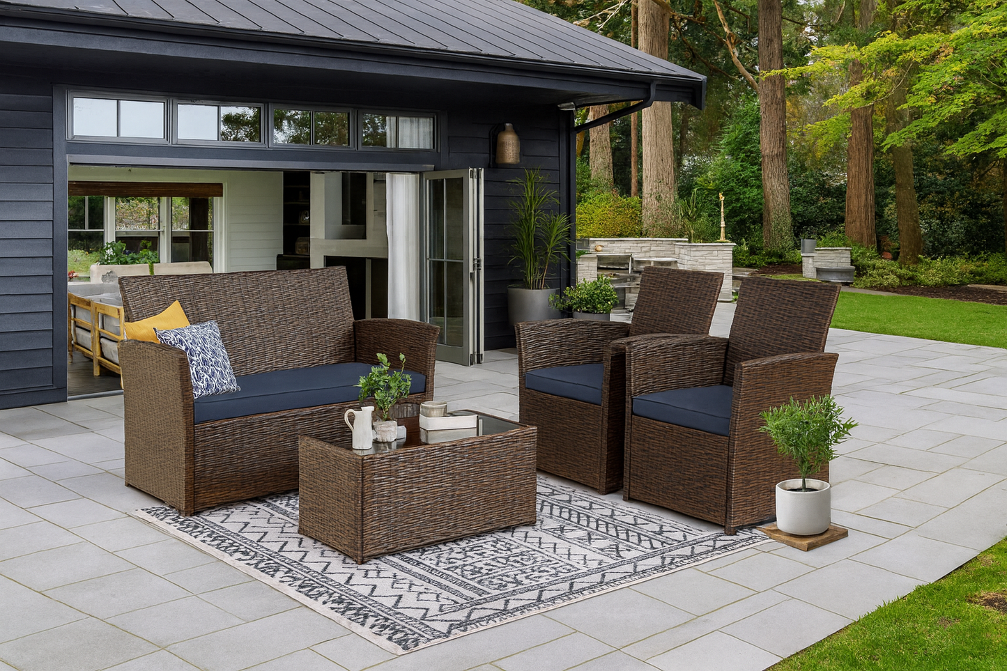 JUSKYS 4-Piece Patio Furniture Set Outdoor Wicker Conversation with Midnight-Blue Cushions and Coffee Table for Apt,Porch,Yard