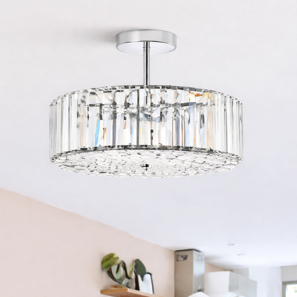 Merra 15 in 4 Light Nickel Crystal Semi Flush Mount Ceiling Light With Clear Glass Shade
