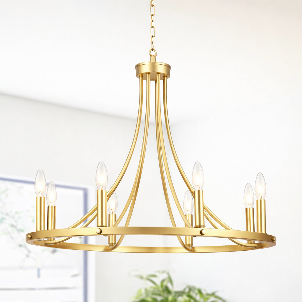 ADSENSTY 8 Light Gold Farmhouse Wagon Wheel Chandelier Candle Style Light Fixture