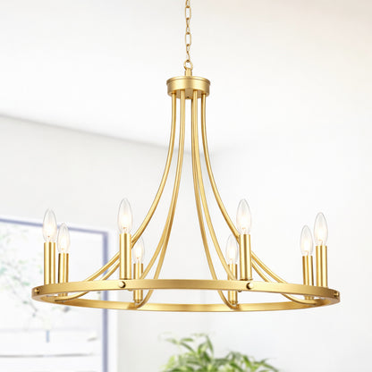 ADSENSTY 8 Light Gold Farmhouse Wagon Wheel Chandelier Candle Style Light Fixture