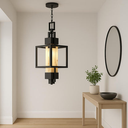 Modern 6W 1 Light 15 in. Black Pendant Light Exterior Hanging Lantern, Indoor Chandelier Fixture with Glass for Porch