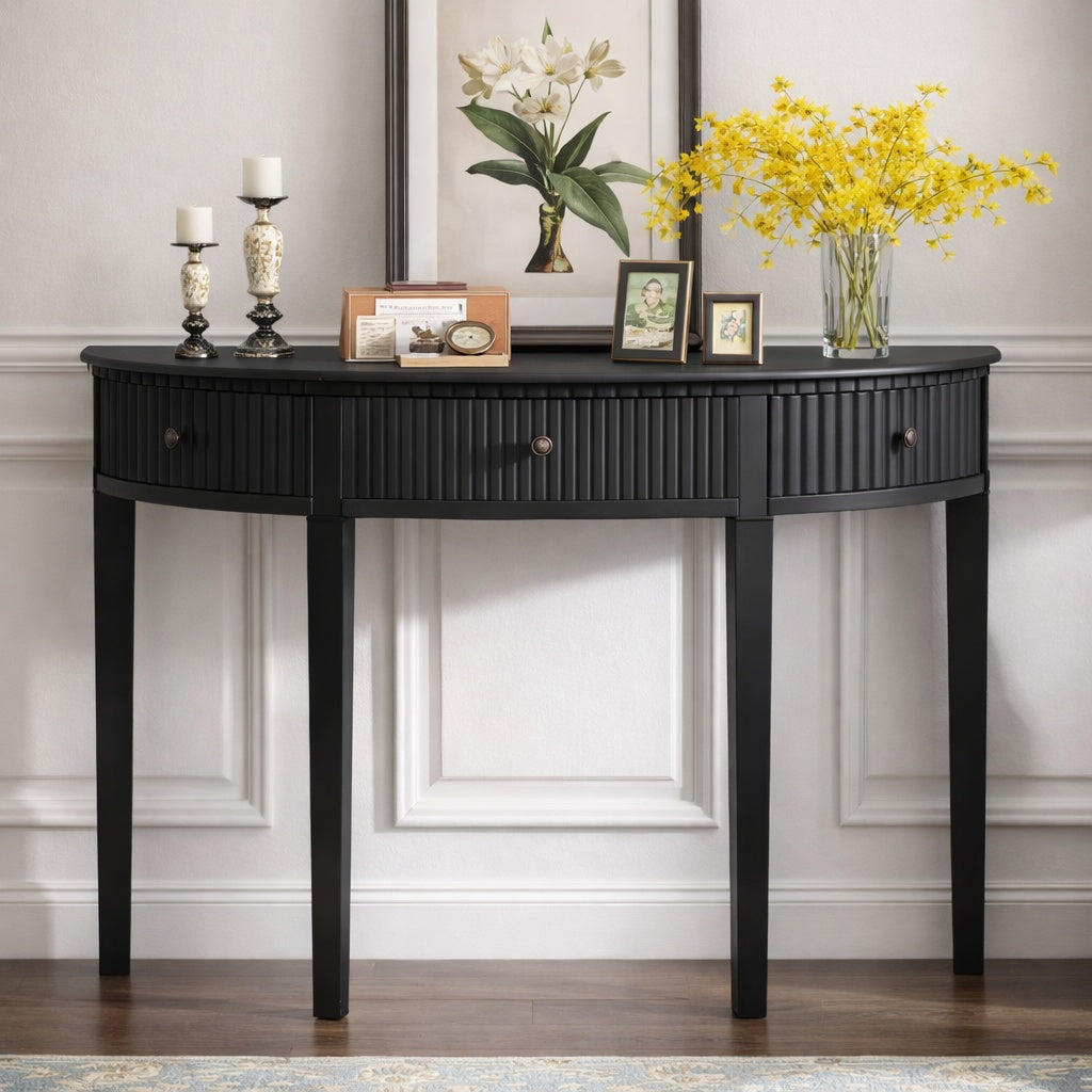 Polibi 51 1 in Black Curved Wood Console Table with Vertical Stripe Drawer Fronts and Four Legs RS