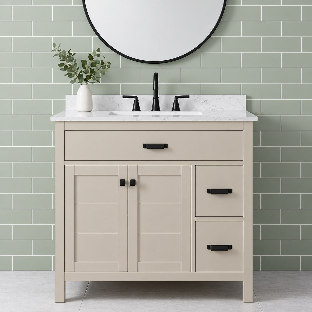Home Decorators Collection Stanhope 37 in Single Sink Freestanding Even Better Beige Bath Vanity w Crystal White Engineered Stone Top Assembled SNBVT3722DR