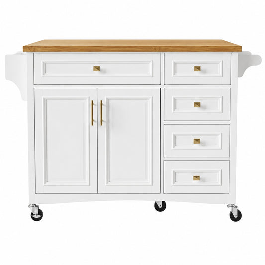 Harper Bright Designs White Kitchen Cart with Drop Leaf 5 Wheels Spice Rack Towel Rack 2 Doors 5 Drawers Adjustable Shelf