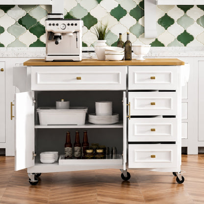 Harper Bright Designs White Kitchen Cart with Drop Leaf 5 Wheels Spice Rack Towel Rack 2 Doors 5 Drawers Adjustable Shelf