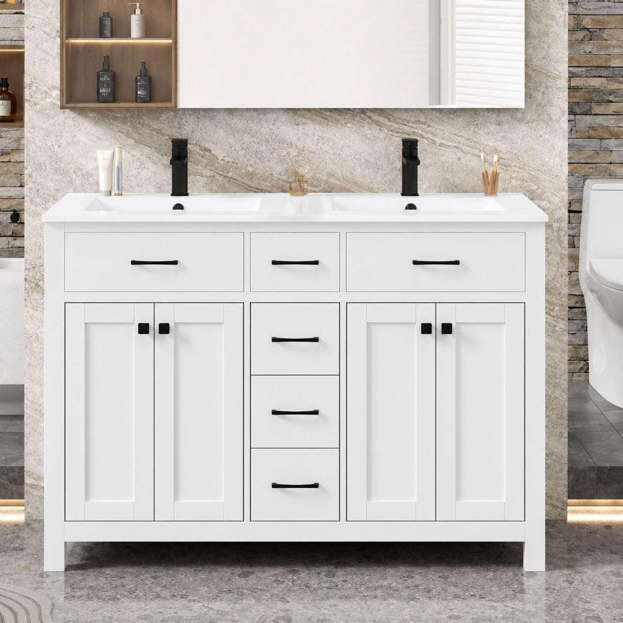 48 in W x 18 in D x 34 in H Double Sink Freestanding Bath Vanity in White with White Resin SMC Top and Drain Faucet