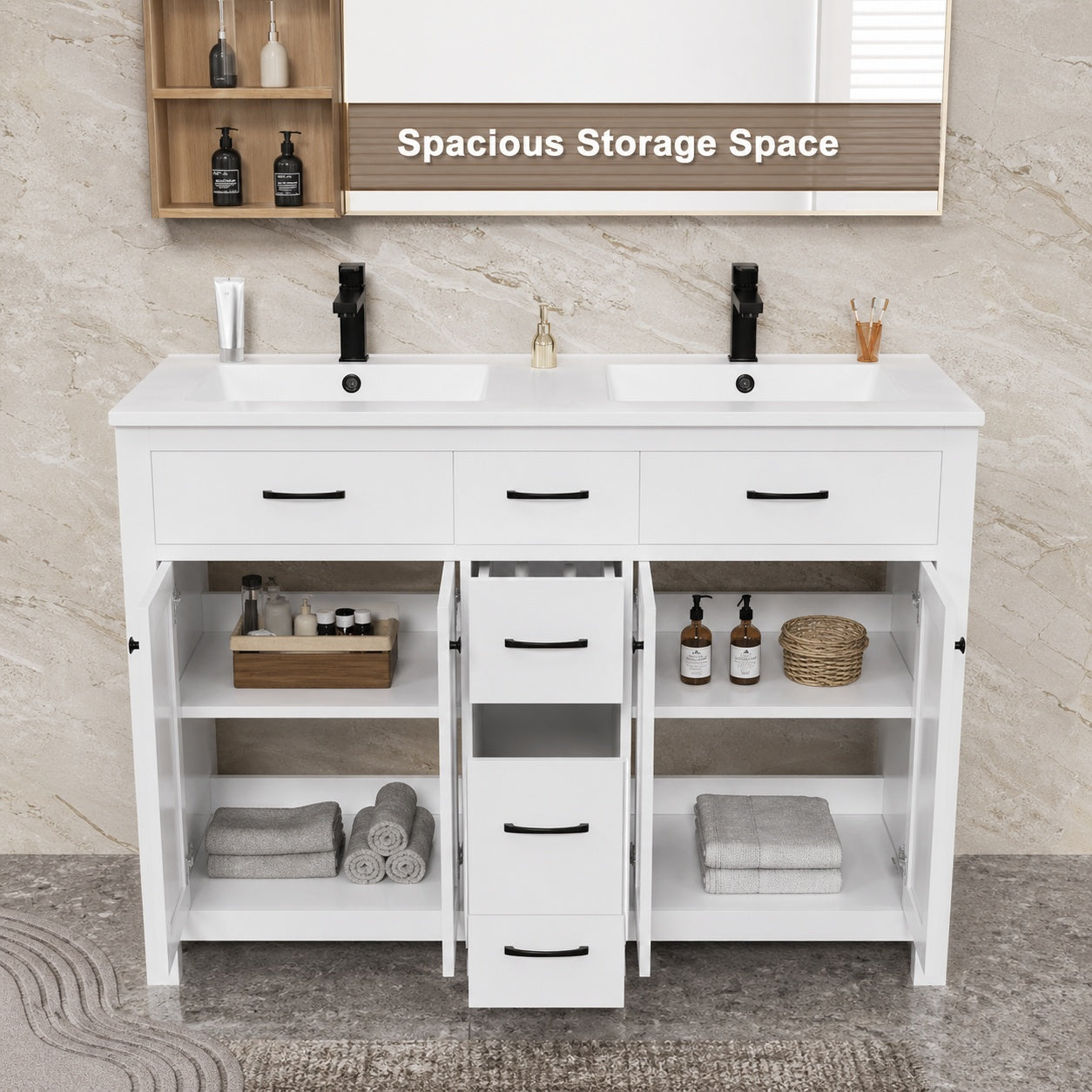 48 in W x 18 in D x 34 in H Double Sink Freestanding Bath Vanity in White with White Resin SMC Top and Drain Faucet