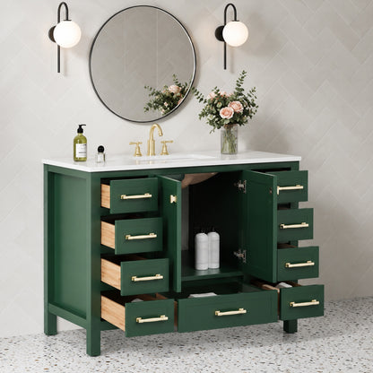 YASINU Bath Mist 48 in W Single Sink Freestanding Bath Vanity in Green with White Engineered Top