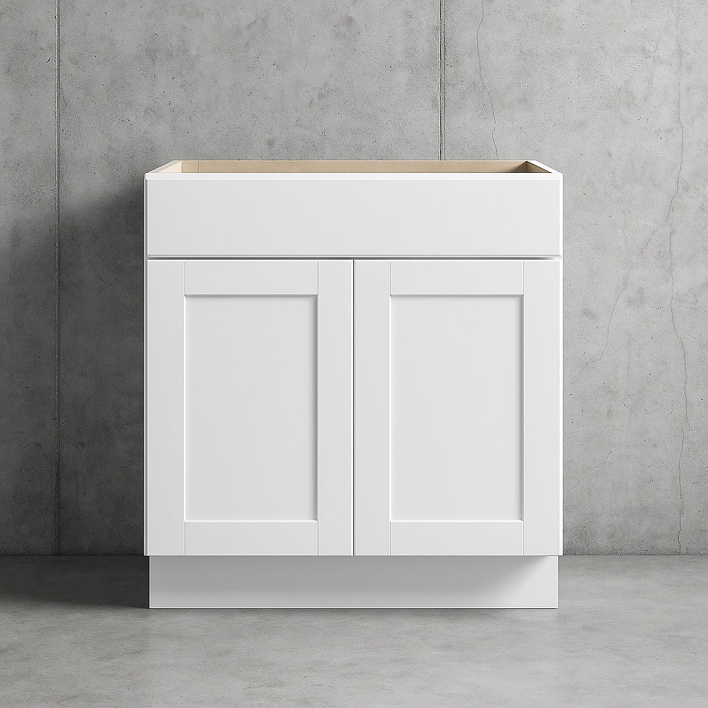 Shaker 33 in. W x 24 in. D x 34.5 in. H Assembled Sink Base Cabinet in Satin White