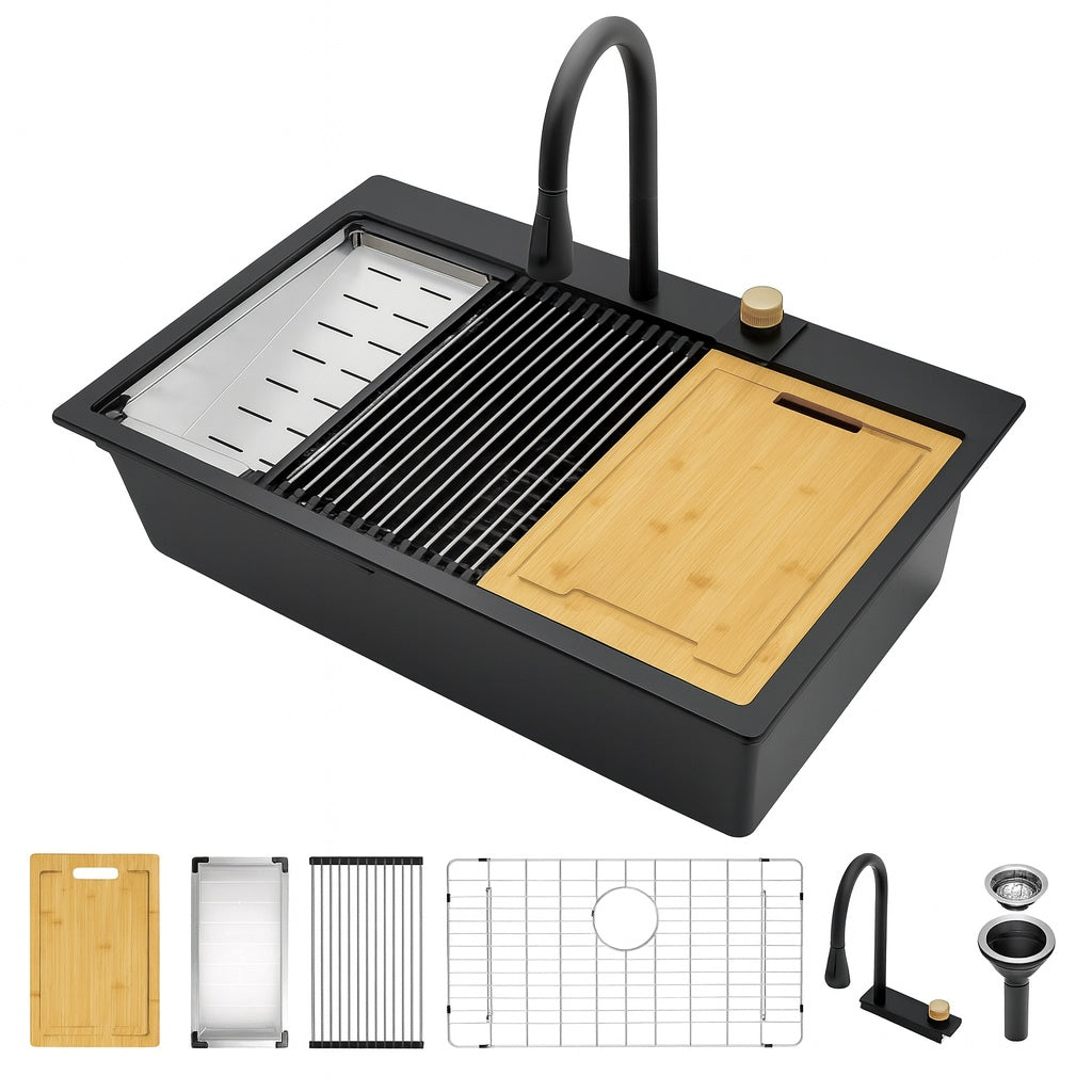 33 in.Gunmetal Black Drop-In Single Bowl Waterfall Quartz Composite Workstation Kitchen Sink w/ Pull Out Faucet