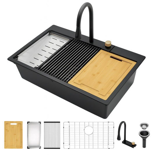 33 in.Gunmetal Black Drop-In Single Bowl Waterfall Quartz Composite Workstation Kitchen Sink w/ Pull Out Faucet