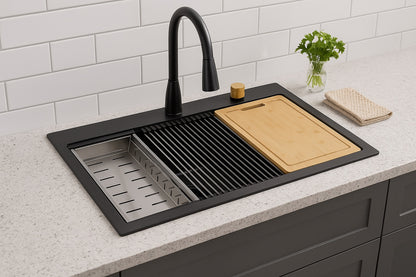 33 in.Gunmetal Black Drop-In Single Bowl Waterfall Quartz Composite Workstation Kitchen Sink w/ Pull Out Faucet