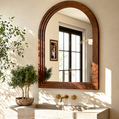 XRAMFY 24 in W x 36 in H Arched Classic Brown Wooden Framed Bathroom Vanity Mirror Wall Mirror 1026AC2436WM BN