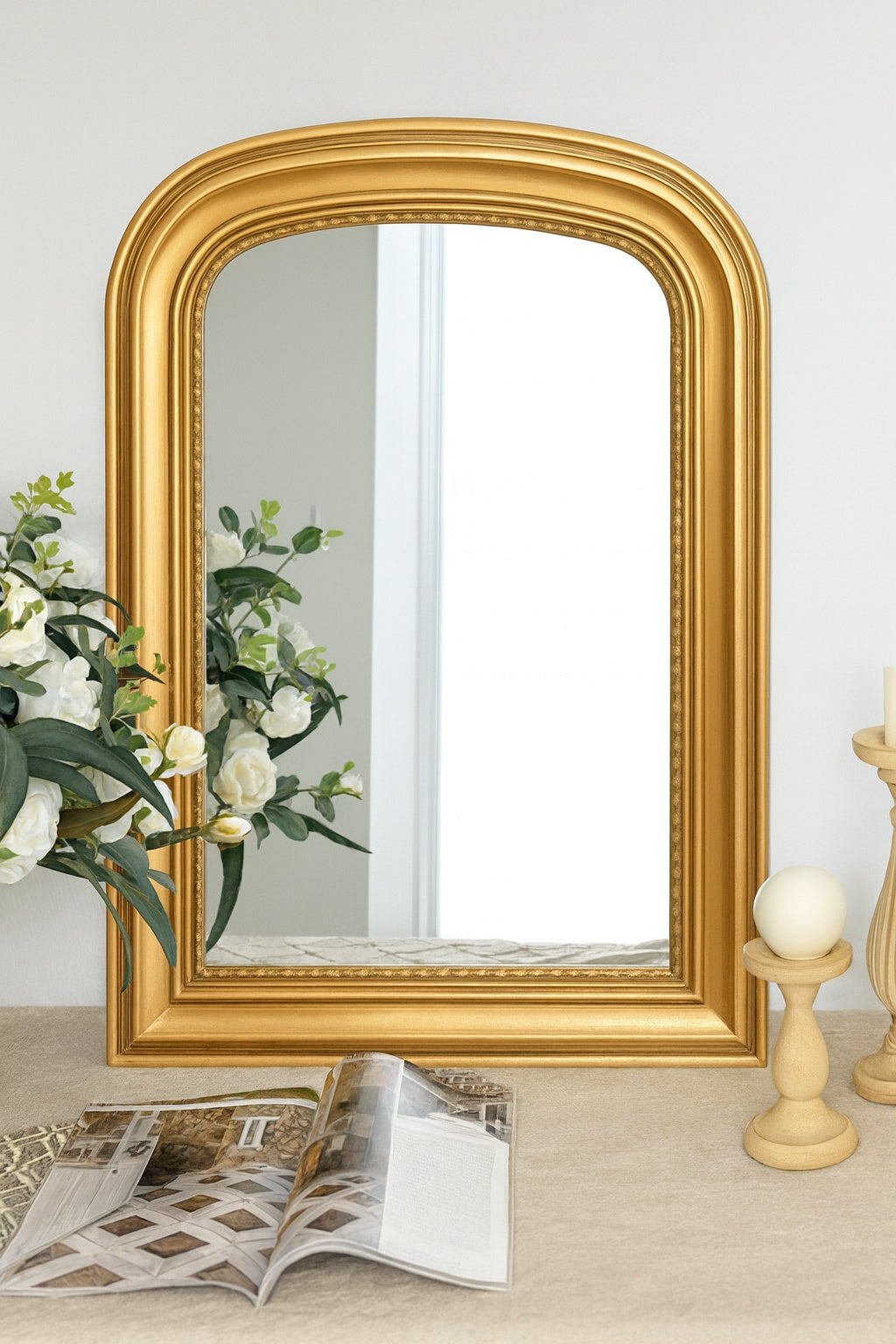 LuxHomez 23 6 in W x 33 5 in H Baroque Antique Brass Vintage Wooden Frame Arched Wall Mirror