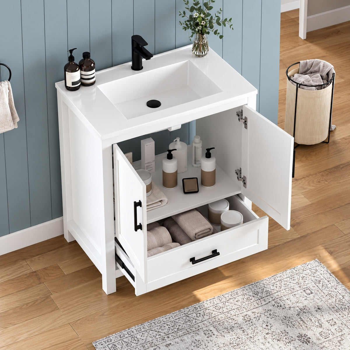 DELUXE DL LIVING Vivi 31 in W Single Sink White Freestanding Bath Vanity with White Engineered Solid Surface Top Unassembled YBV24 22W8AAK