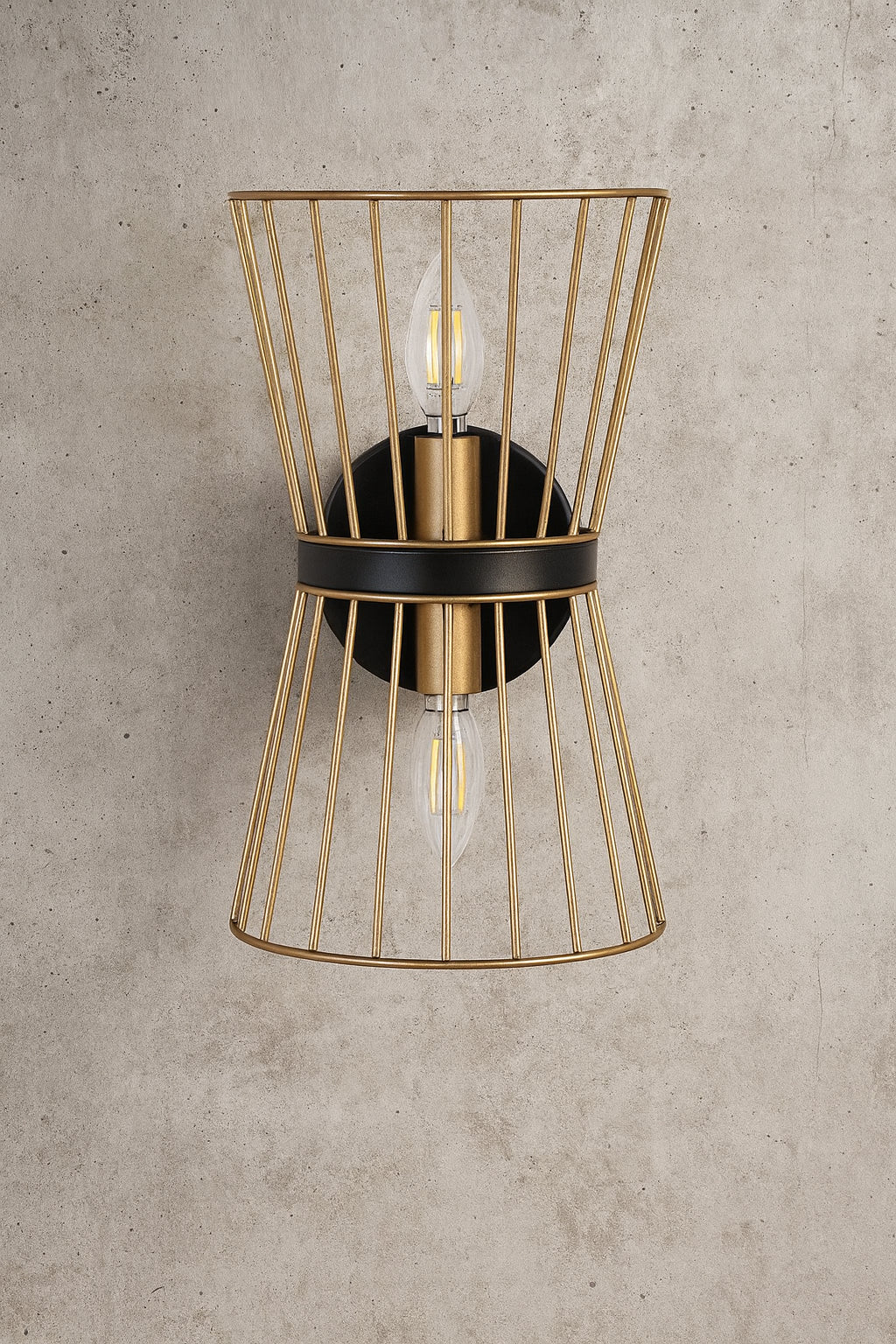 Uolfin 2-Light Black and Gold Wall Sconce with Metal Wire Cage Shades