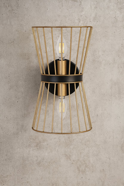Uolfin 2-Light Black and Gold Wall Sconce with Metal Wire Cage Shades