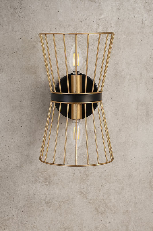Uolfin 2-Light Black and Gold Wall Sconce with Metal Wire Cage Shades
