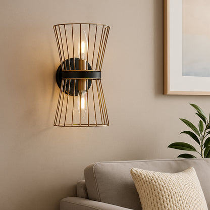 Uolfin 2-Light Black and Gold Wall Sconce with Metal Wire Cage Shades