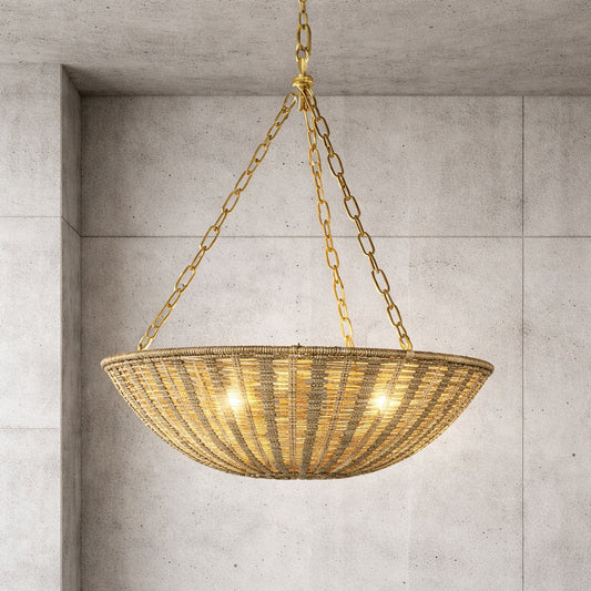 Flint Garden 19 7 in 3 Light Bohemian Antique Gold Chandelier with Woven Rattan Shade for Kitchen Island