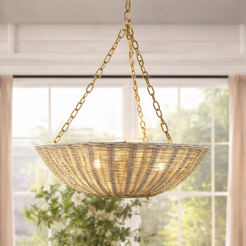 Flint Garden 19 7 in 3 Light Bohemian Antique Gold Chandelier with Woven Rattan Shade for Kitchen Island