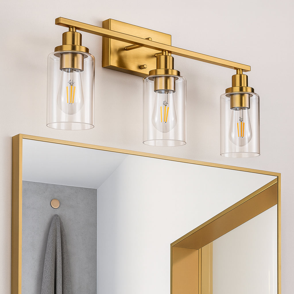 Briignite 24 in. 3-light Brushed Brass Vanity Lamp, Modern Bathroom Fixture with Clear Glass Shade for Powder room Closet Bathroom
