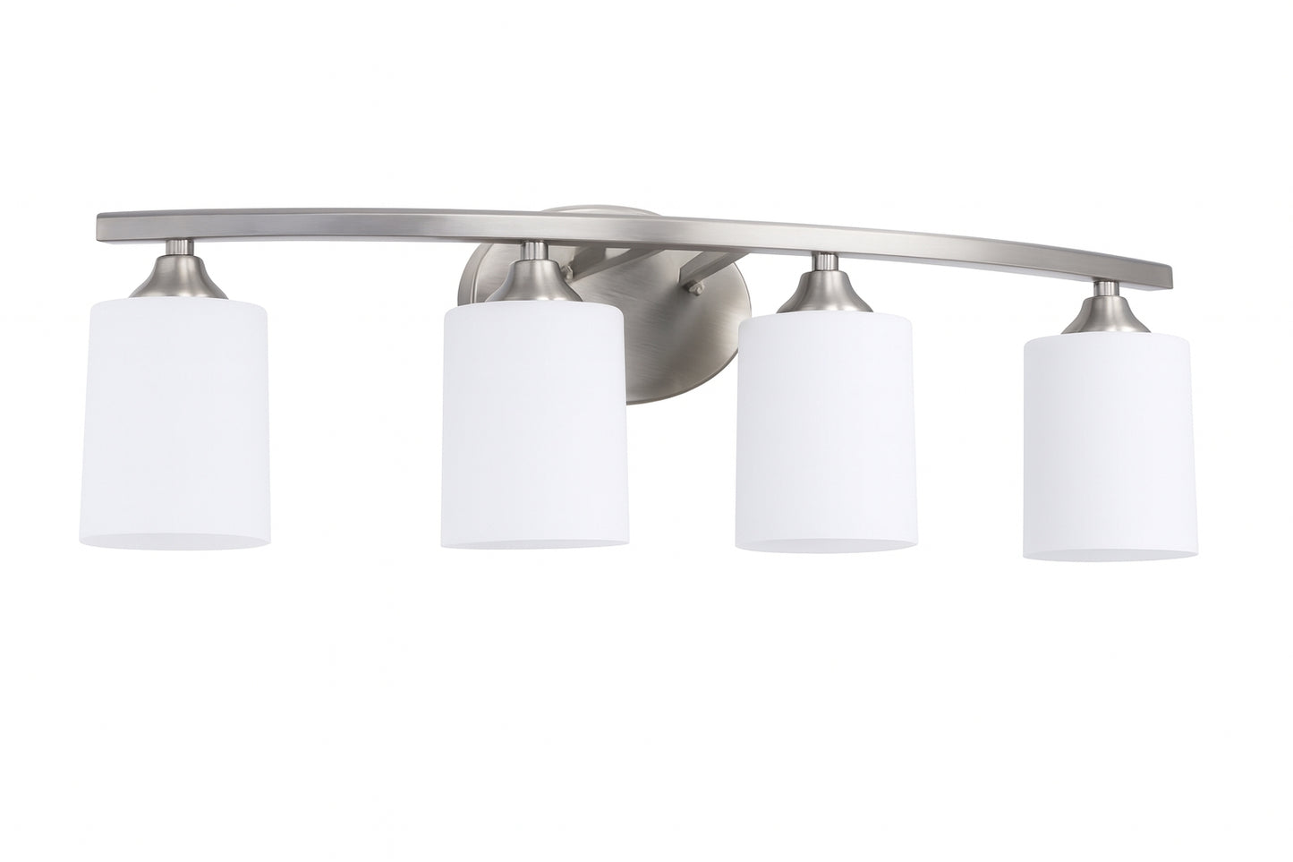 Briignite 28 in. 4-Light Nickel Cylinder Vanity Light for Bathroom Bedroom with Curved Arms and White Glass Shades