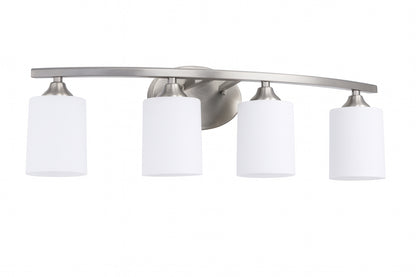 Briignite 28 in. 4-Light Nickel Cylinder Vanity Light for Bathroom Bedroom with Curved Arms and White Glass Shades