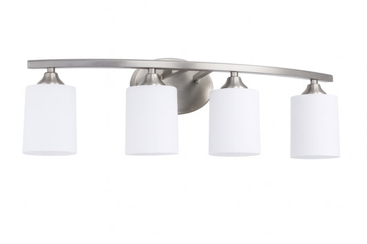 Briignite 28 in. 4-Light Nickel Cylinder Vanity Light for Bathroom Bedroom with Curved Arms and White Glass Shades